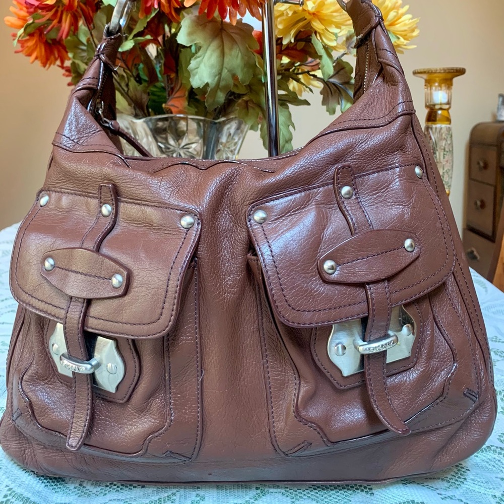 DKNY Brown Pebbled Leather Front Pockets Studded Footed Shoulder Bag